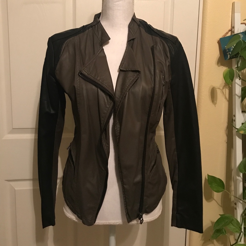 Black and Olive Green Artificial Leather Jacket